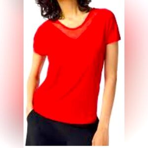 Anatomie Chiara Mesh Blouse Small Red V-Neck Short Sleeve Casual Stretch T-Shirt